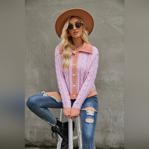 Contrast Collared Neck Cable-Knit Cardigan - Picture 3 of 4